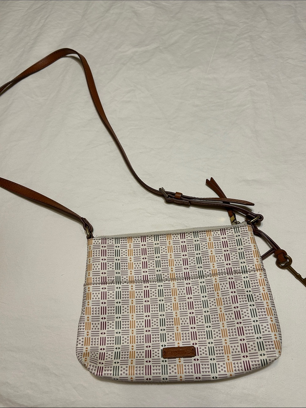 Fossil Cream Patterned Crossbody with Brown Leather Trim
